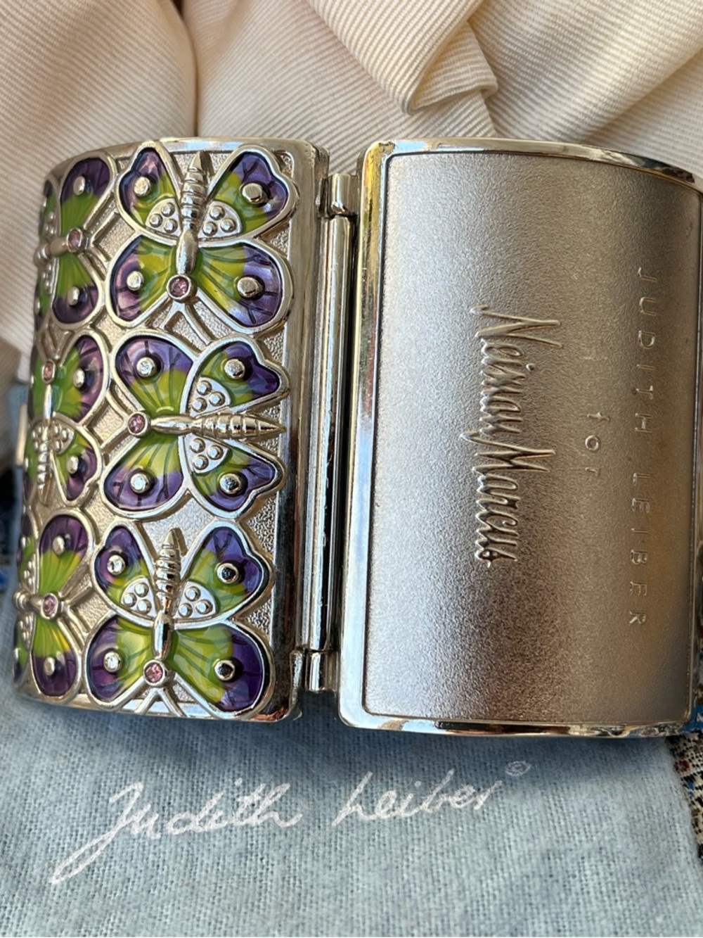 Judith Leiber Mini Bag Clutch with Purple and Green Enamel Butterfly Detail